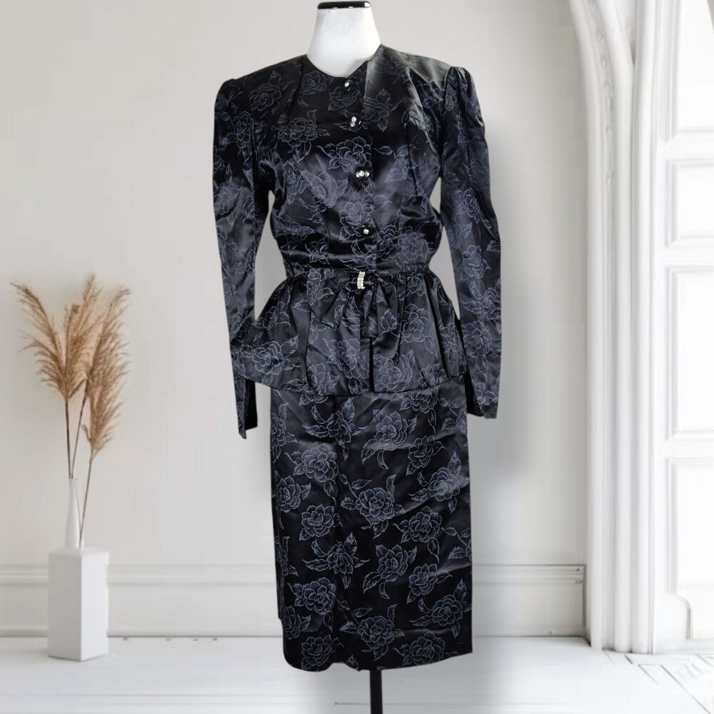 Vintage 80s Peplum Satin Midi Skirt Set Size 6 Black Floral Rose Print Goth